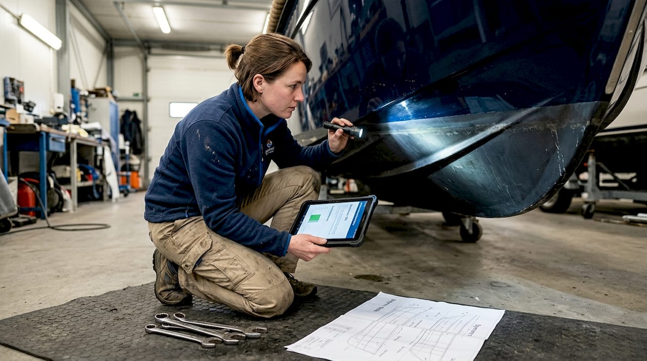 Een technicus inspecteert de romp van een elektrische sloep in de werkplaats.