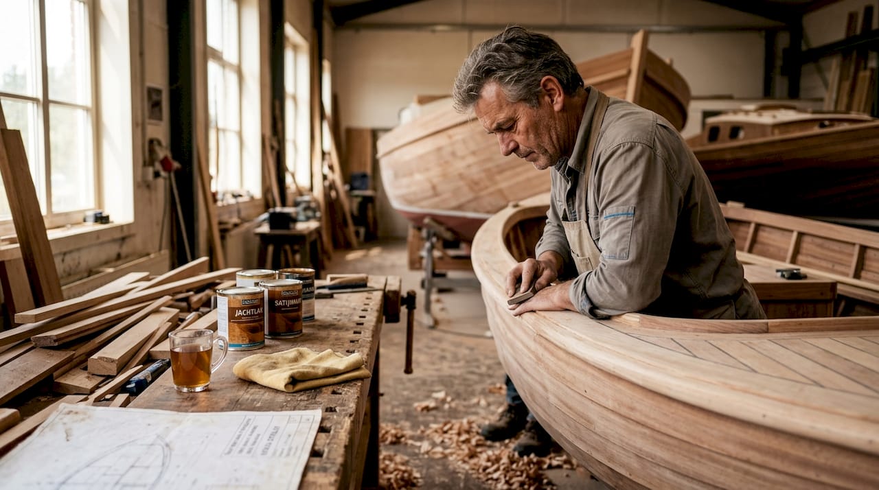 Een vakman legt met zorg de laatste hand aan een exclusieve houten tender.