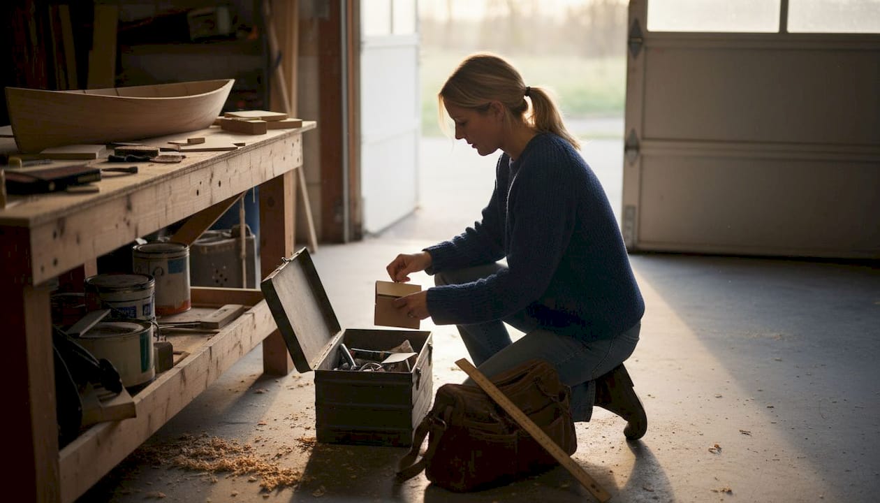 Een vrouw legt verschillende gereedschappen klaar voor de bouw van een sloep.