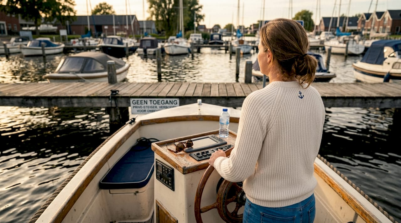 Vrouw aan het roer van een sloep in de jachthaven