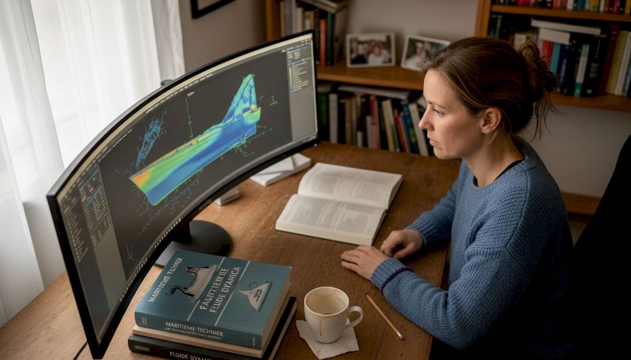 Een ingenieur onderzoekt het ontwerp van de romp van een boot met behulp van CFD-simulaties.