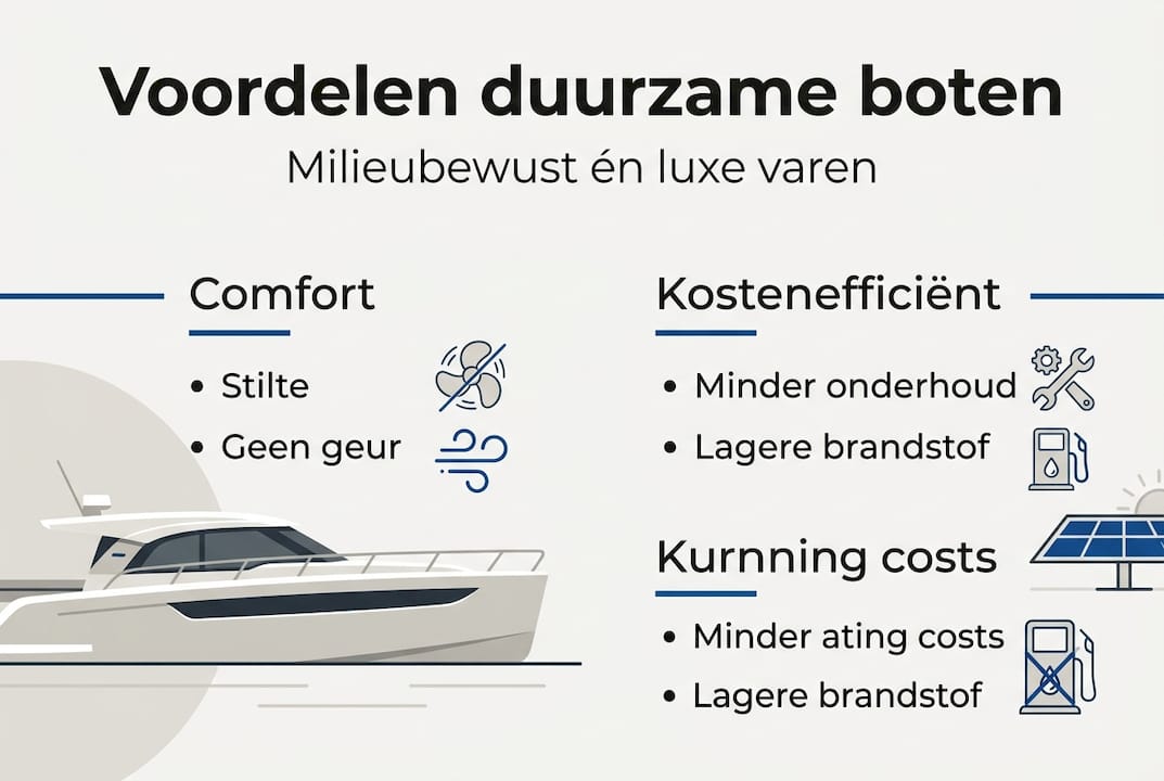 Infographic met aan de linker- en rechterkant de voordelen van duurzame boten overzichtelijk weergegeven.