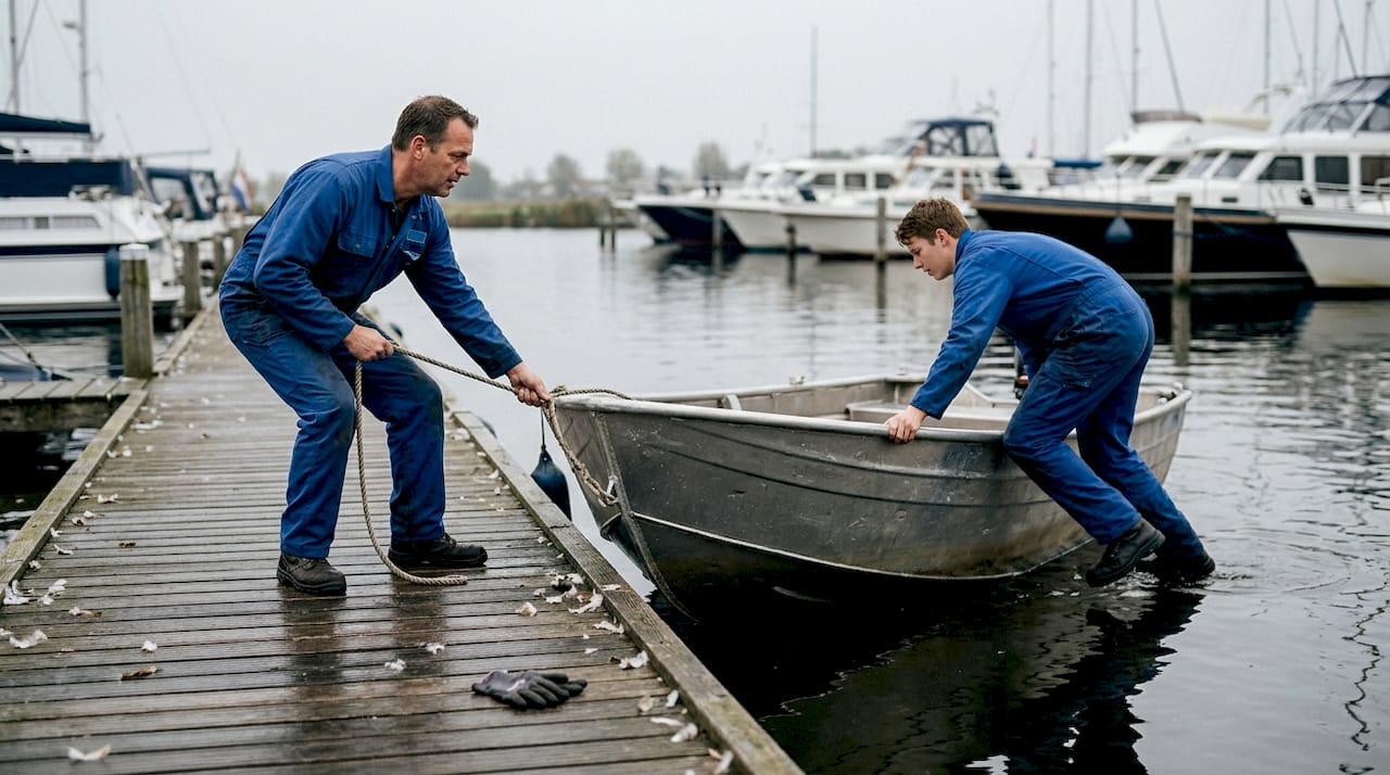 De monteurs laten de aluminium tender te water.