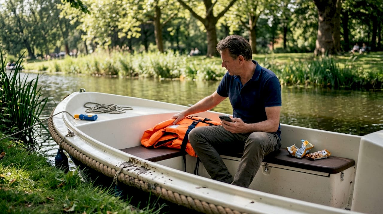 Op een sloep in het park kijkt een man de reddingsvesten na.