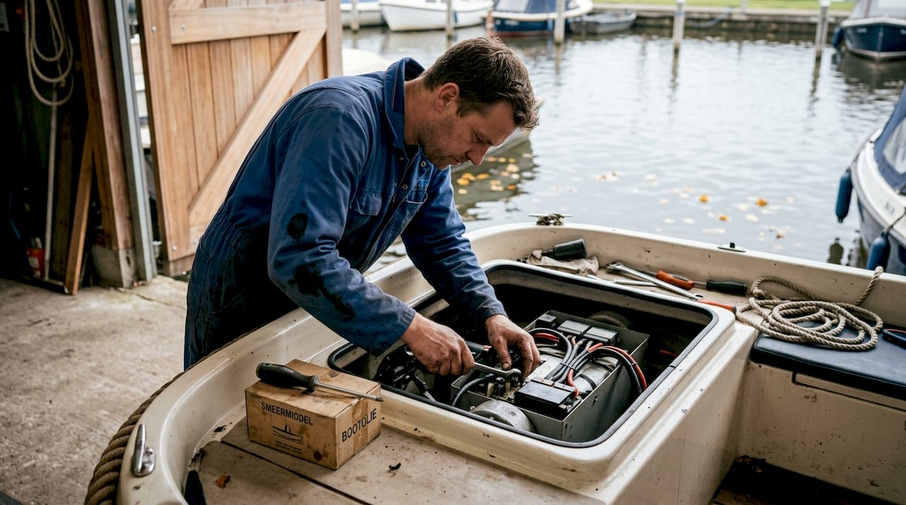 Een monteur is bezig met onderhoud aan de elektrische motor van een sloep.