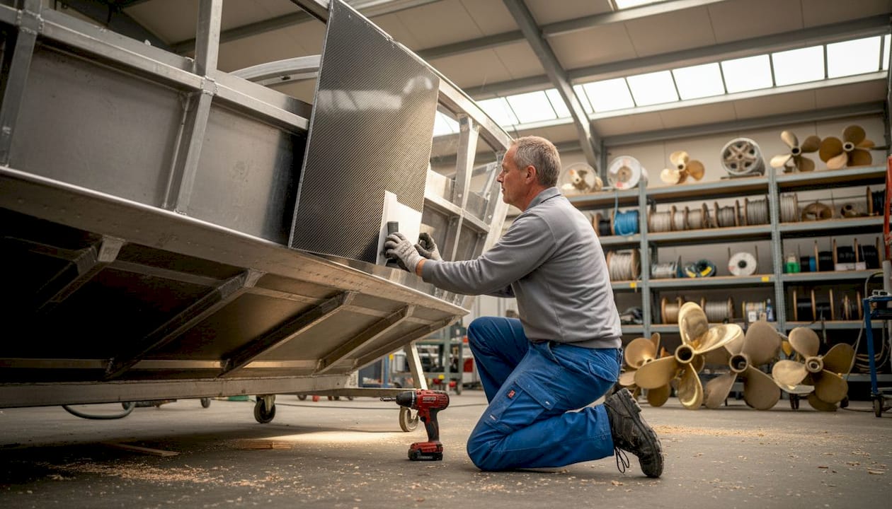 Een technicus monteert een composiet paneel op een aluminium frame.