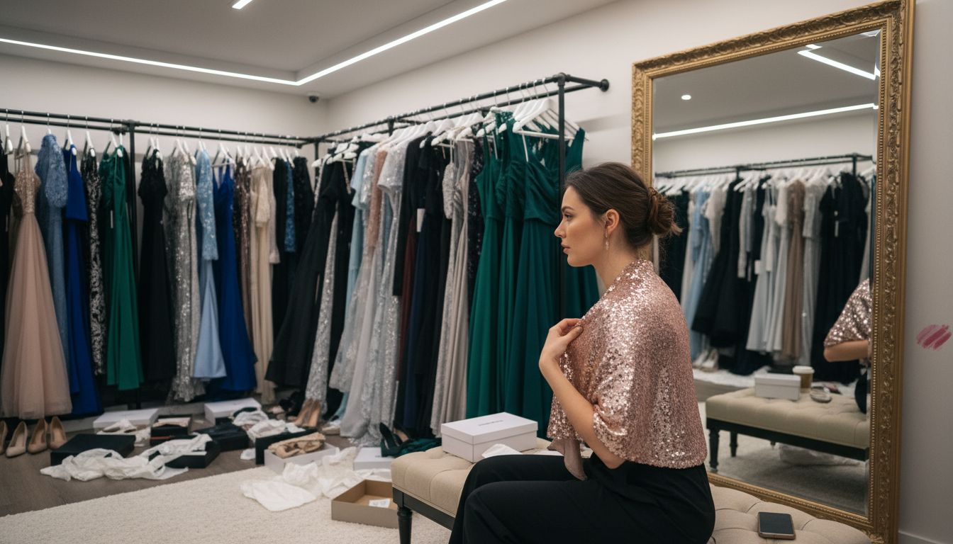 Woman considering evening wear in dressing room