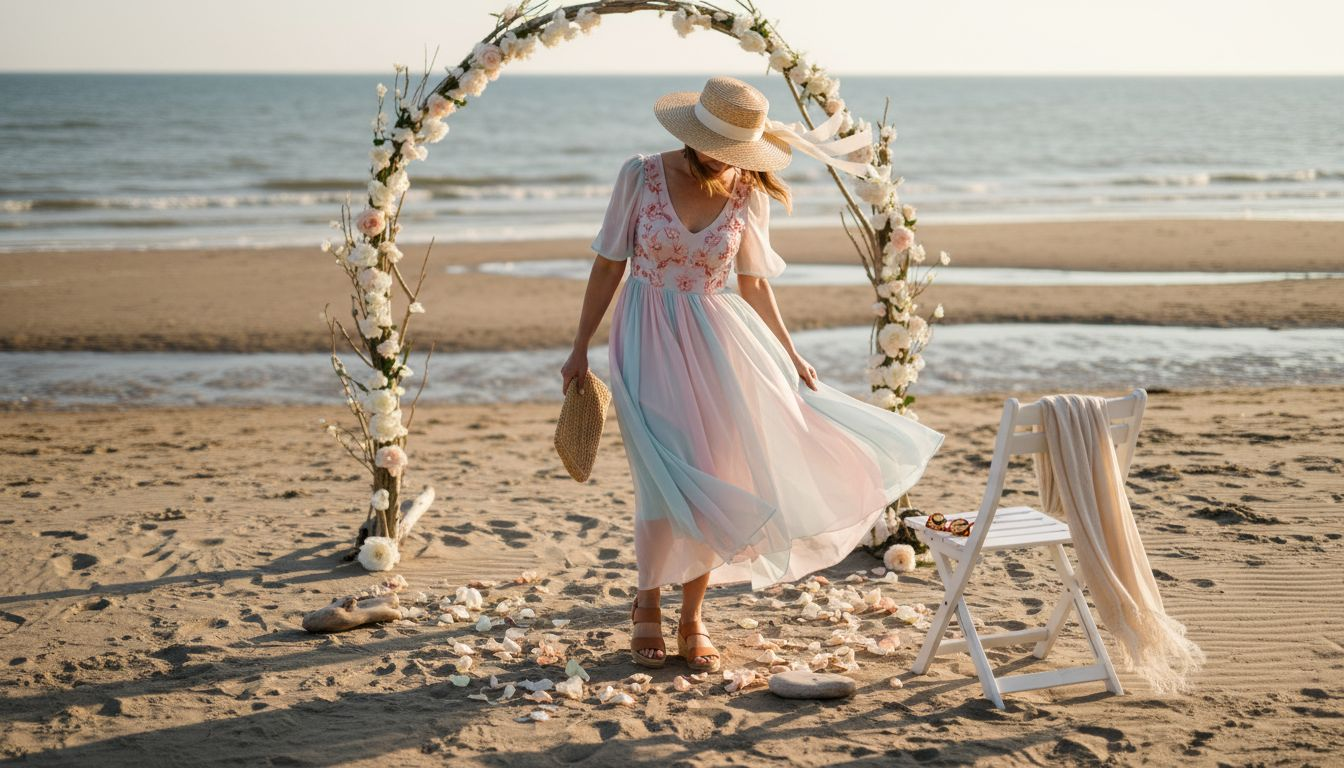Guest adjusting outfit for beach wedding