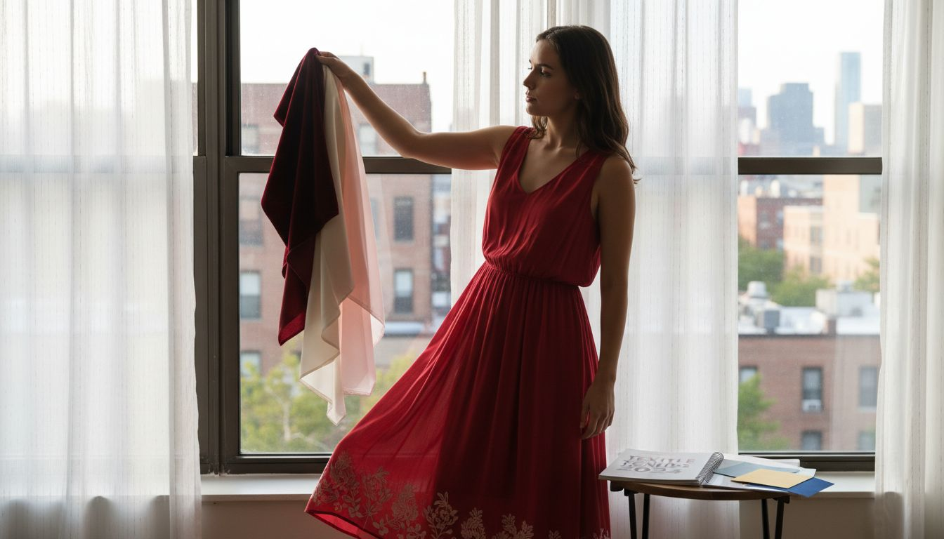 Woman comparing evening wear fabrics swatches