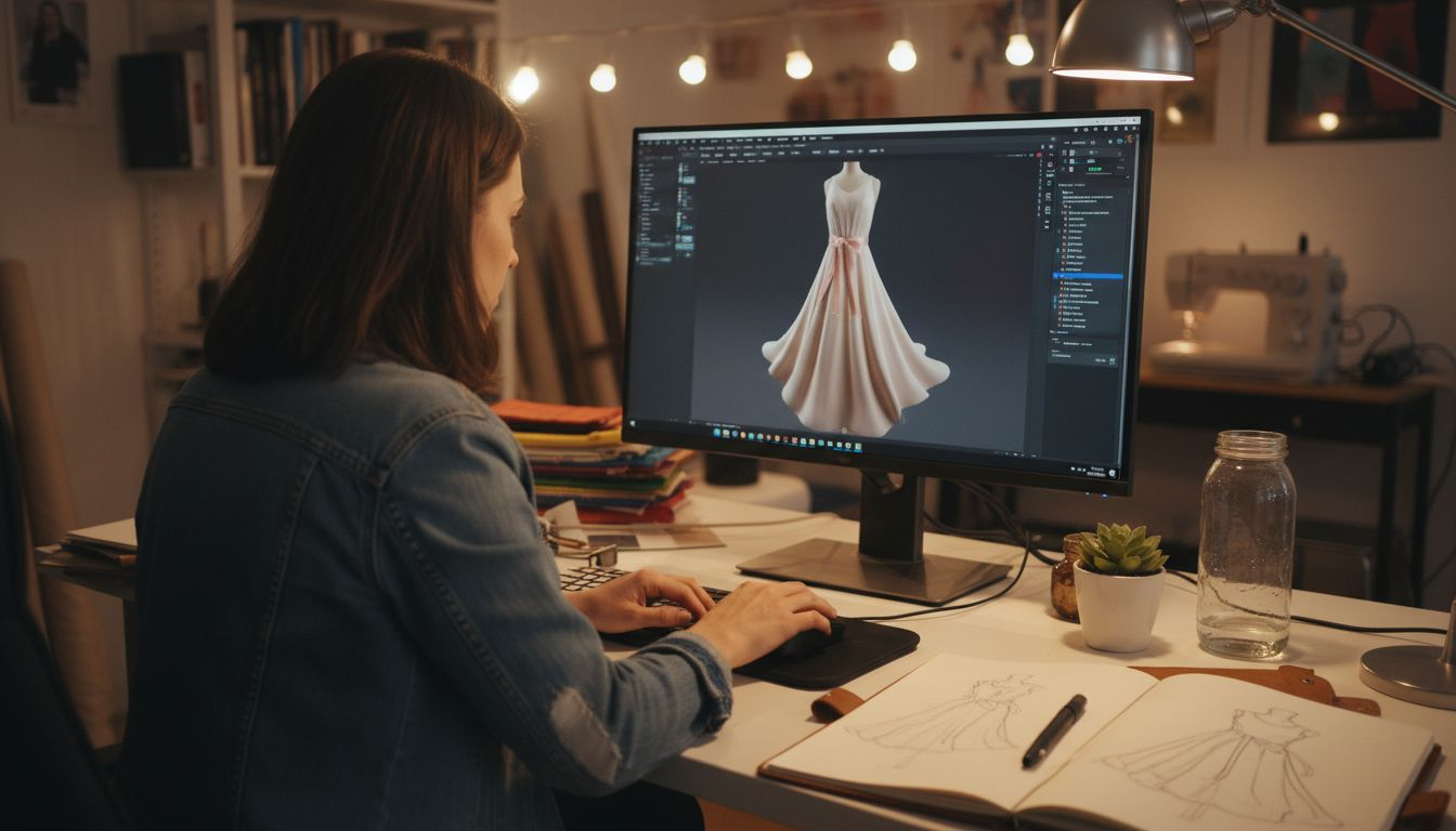 What Is Digital Fashion and Why It Matters 3 Designer creating 3D dress at studio desk