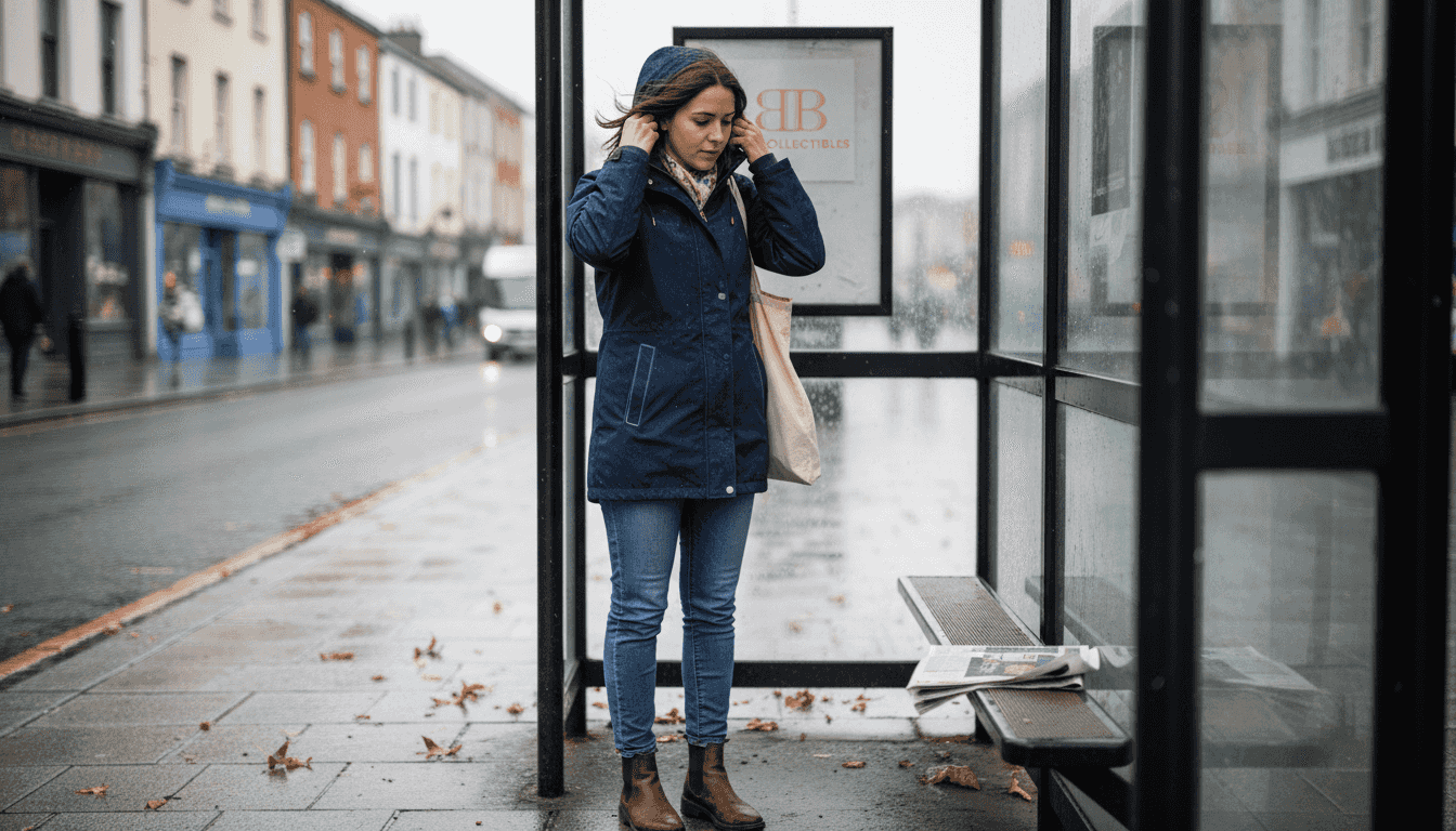 Dressing for Irish Weather 2026: 5 Layers for 225 Wet Days 2 Woman wearing waterproof jacket in Irish city