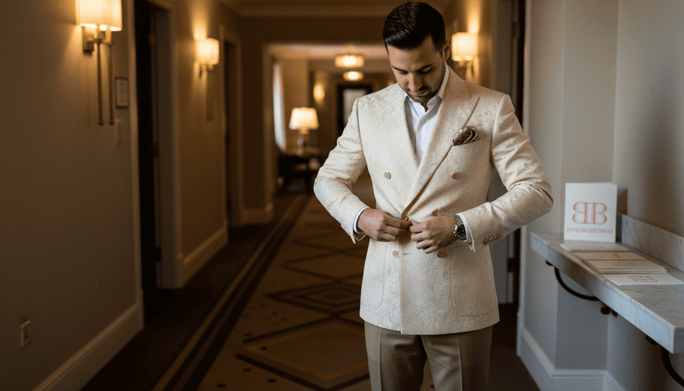 Man adjusting double-breasted blazer before event