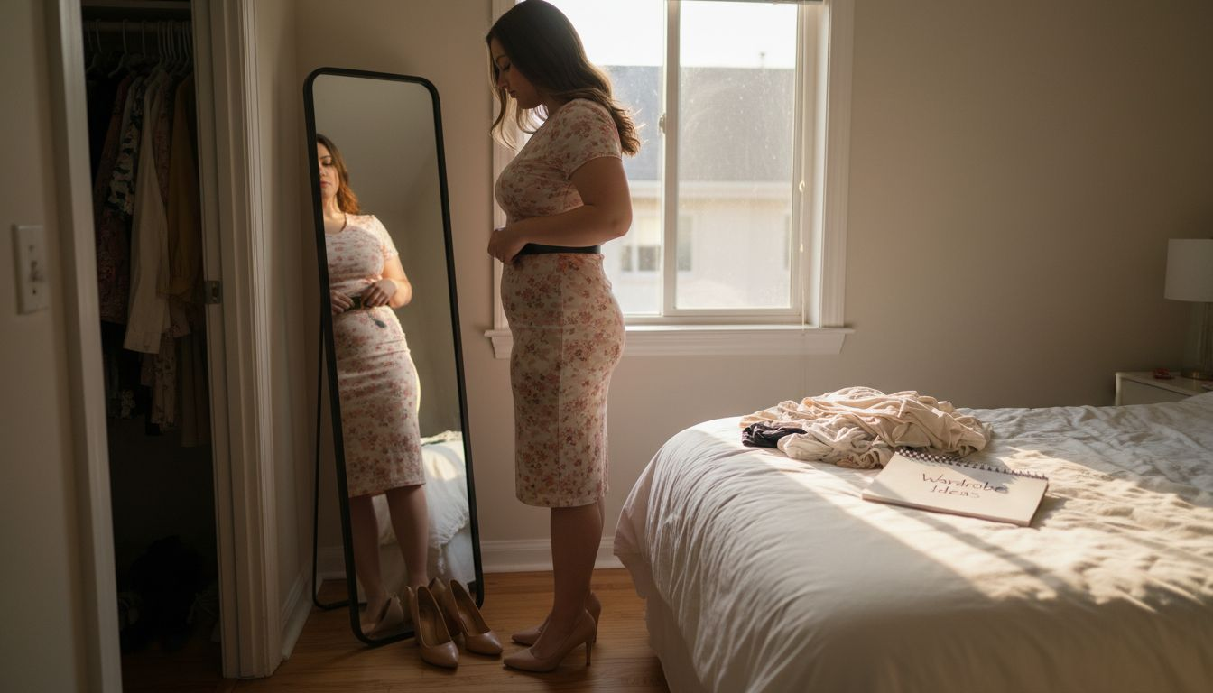 Why dress for your shape: enhance style and confidence 3 Hourglass figure styling outfit by bedroom mirror