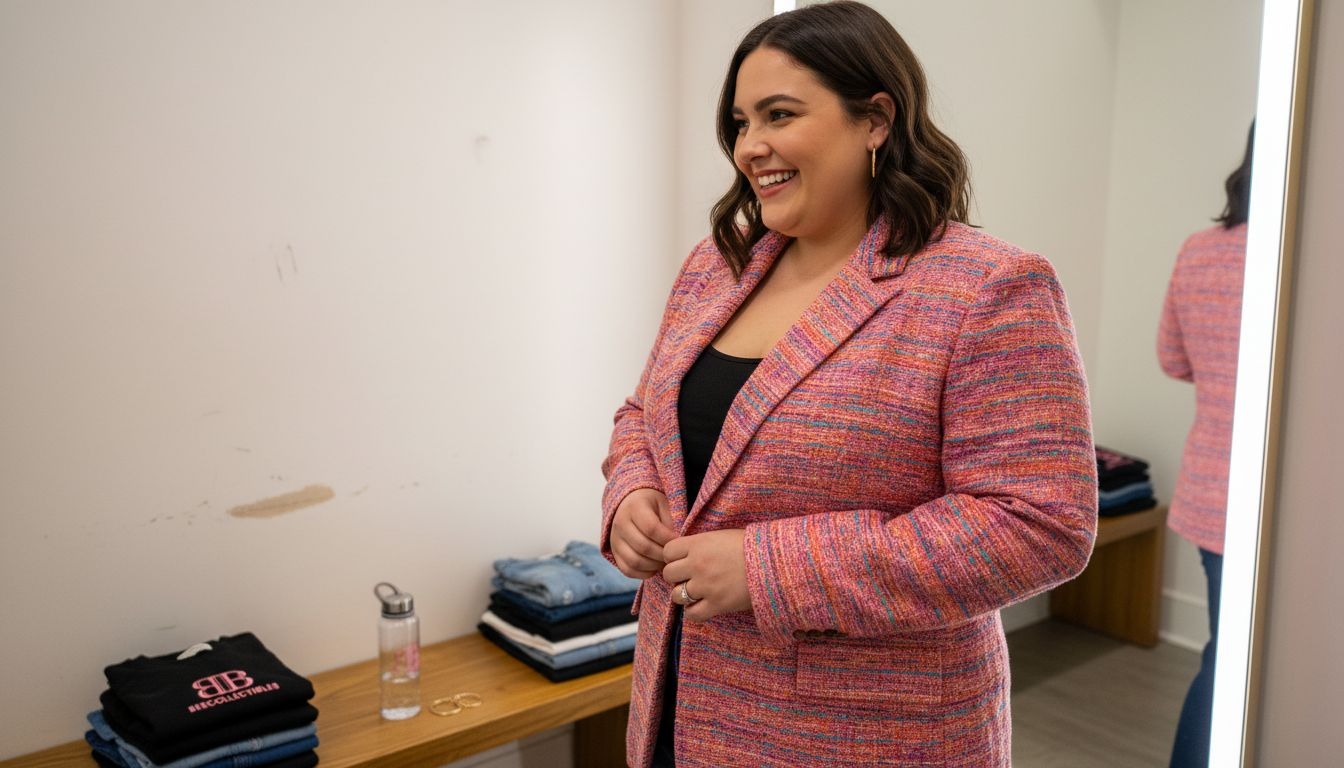 What is plus size fashion? A 2026 guide for confident style 3 Plus size shopper trying on stylish blazer