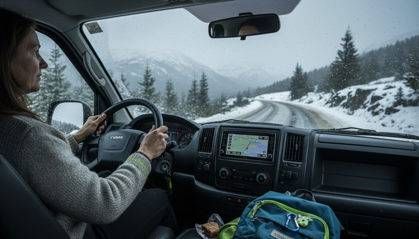 Driver navigating snowy alpine roads carefully