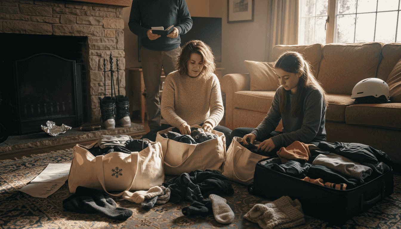 Family packing winter gear in cozy room