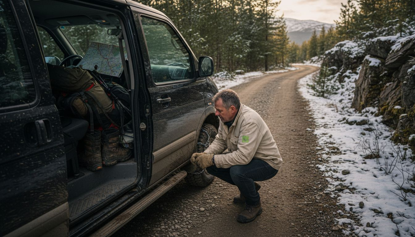 Driver checking winter tires on alpine van
