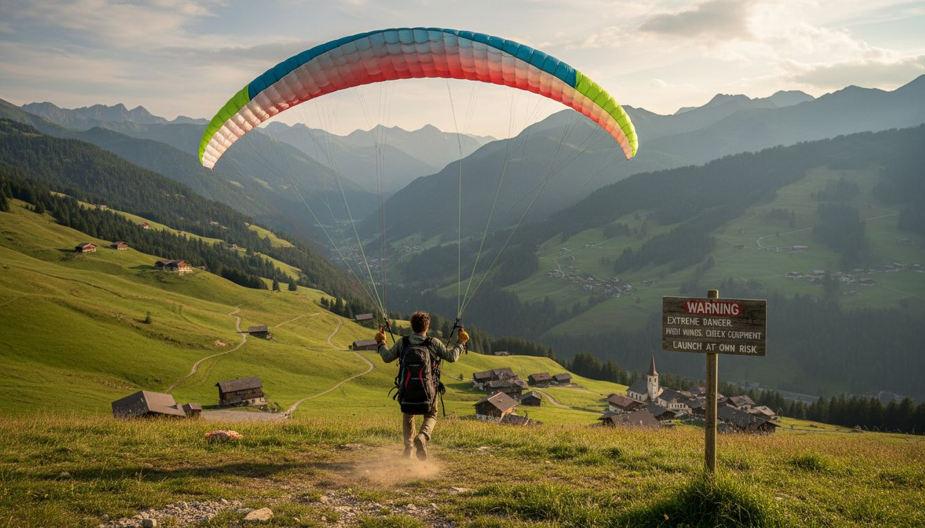 Paraglider taking off above French Alps village
