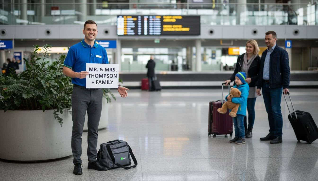 Driver greeting family at Riga airport exit