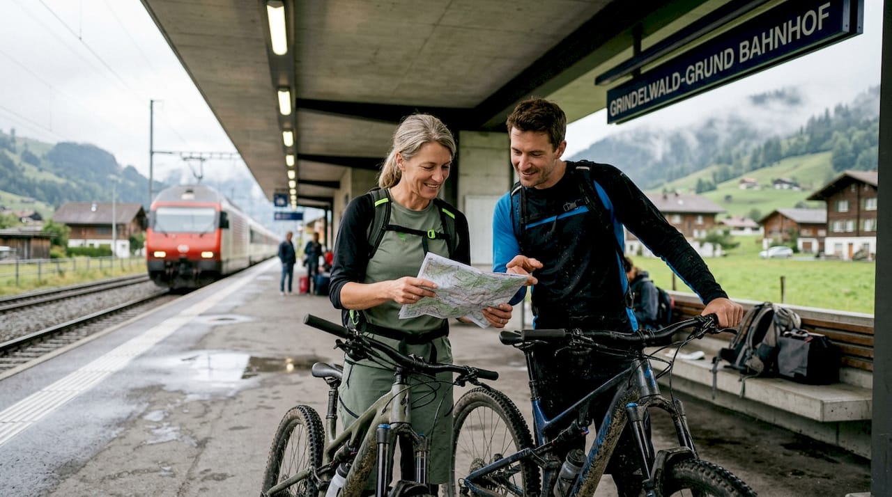 Mountain bikers at Swiss train platform with bikes