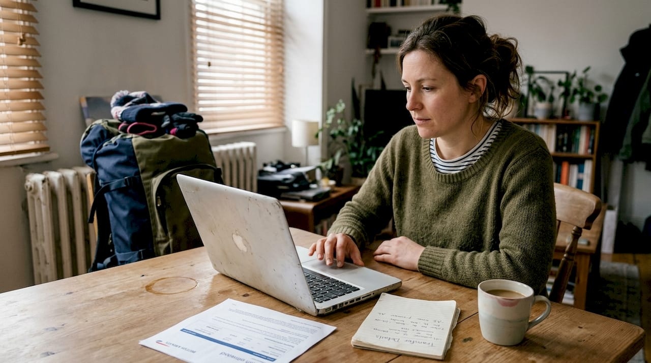Traveler preparing transfer booking at home table