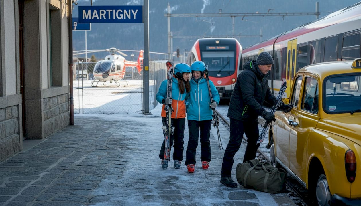 Taxi, train, and helicopter at rural Alps station