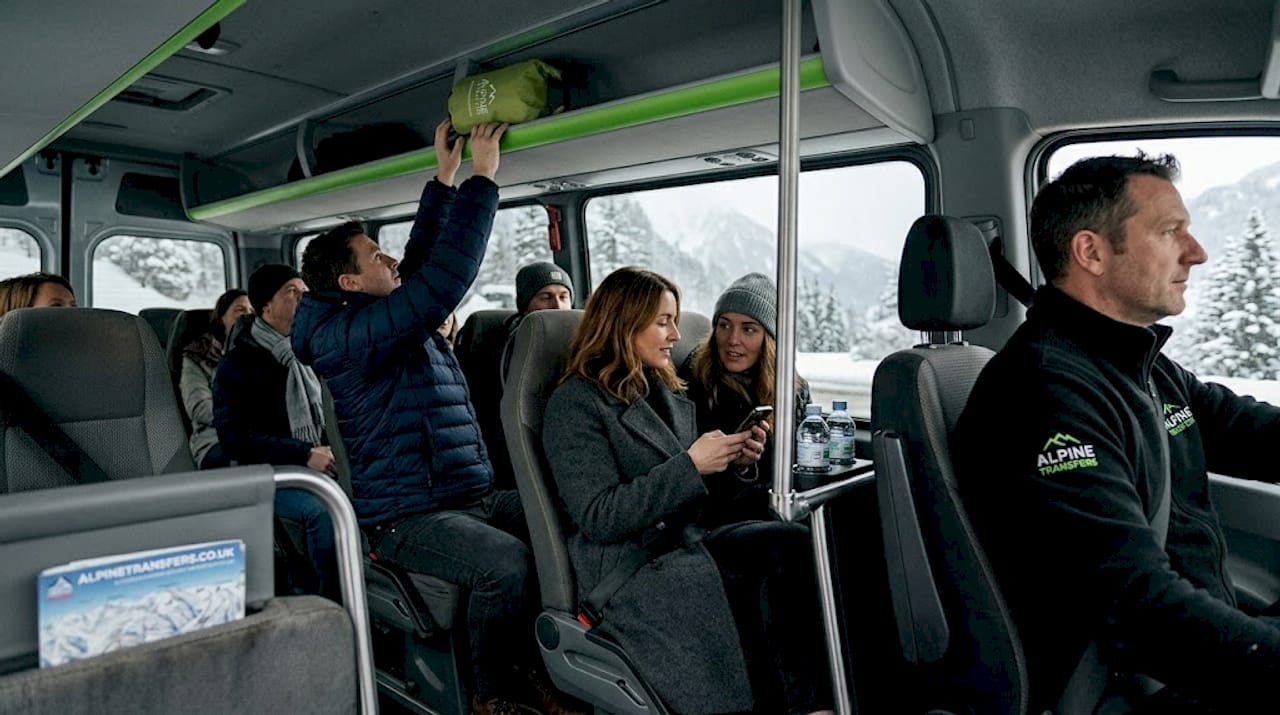 Passengers getting comfortable on Alps minibus transfer