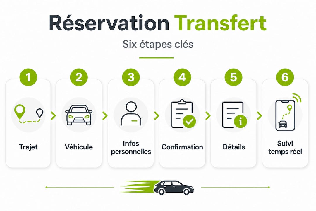 Présentation visuelle du parcours de réservation pour un transfert dans les Alpes