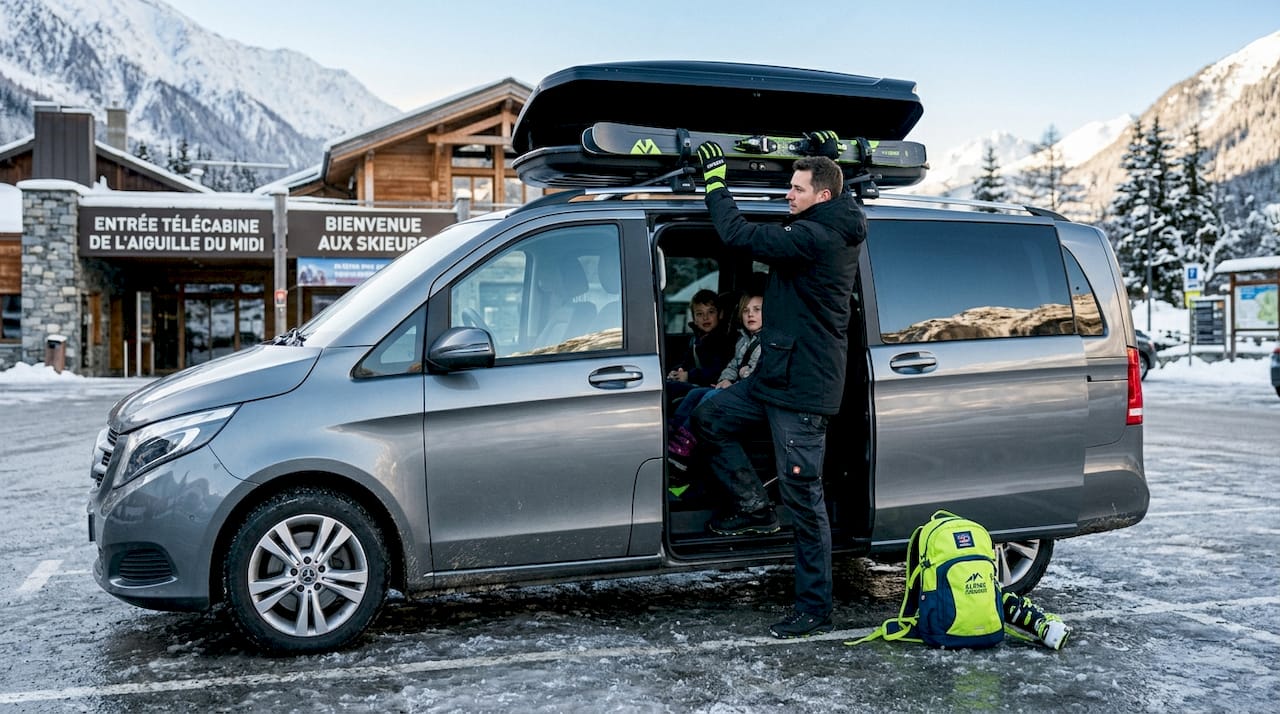 Préparation du van familial avant le départ pour la station de ski : on charge tout le matériel dans le coffre.