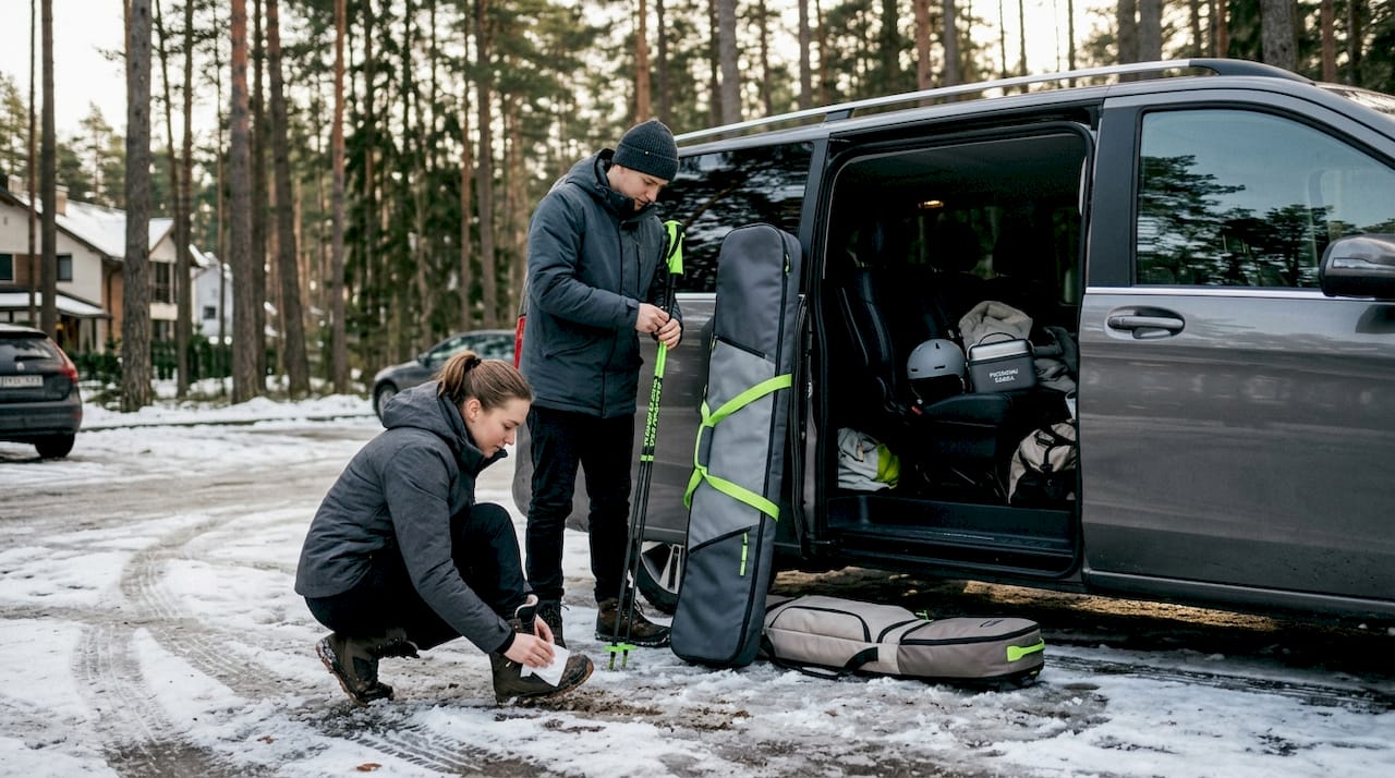 Slēpotāji gatavojas pārvietošanai, sakārtojot savu inventāru