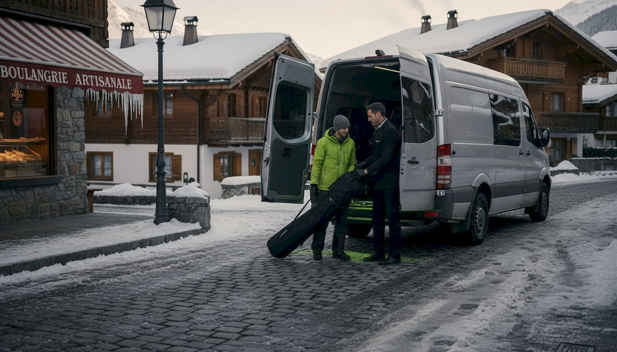 Driver helping traveler in snowy Alpine village
