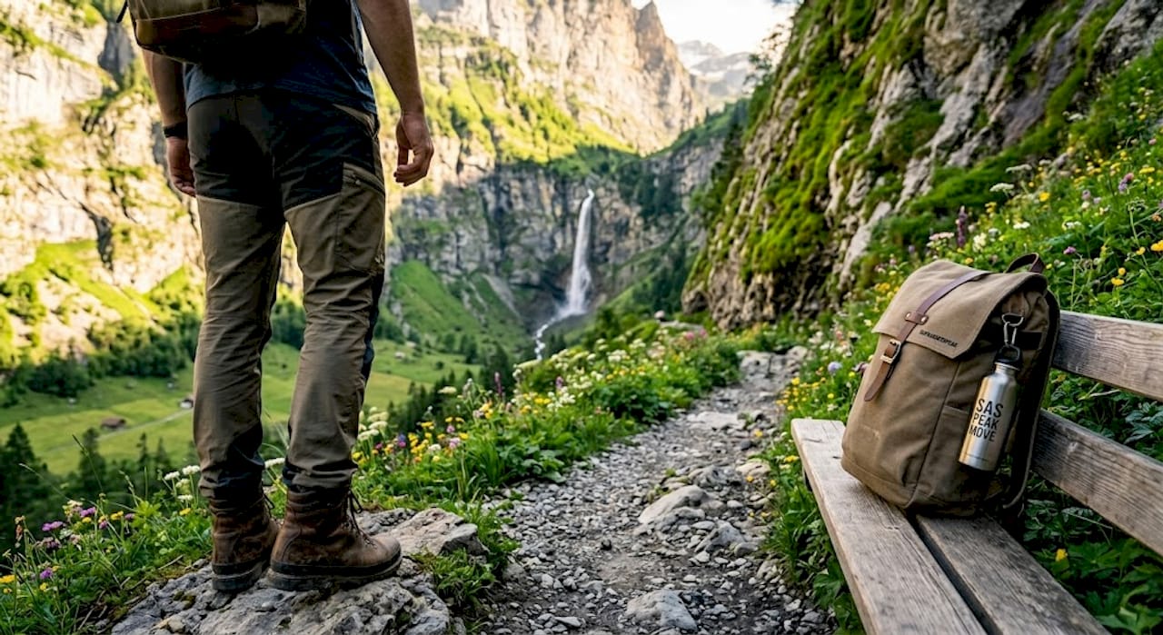 Hiker overlooks Lauterbrunnen waterfall and cliffs