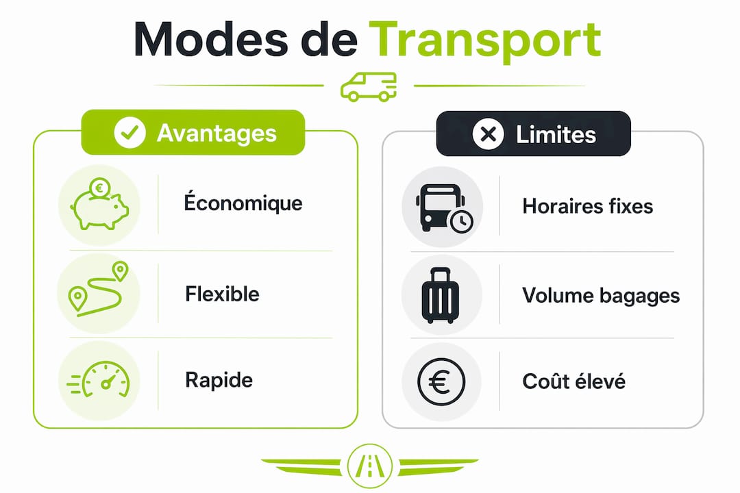 Infographie : panorama des points forts et des contraintes des modes de transport en milieu montagneux