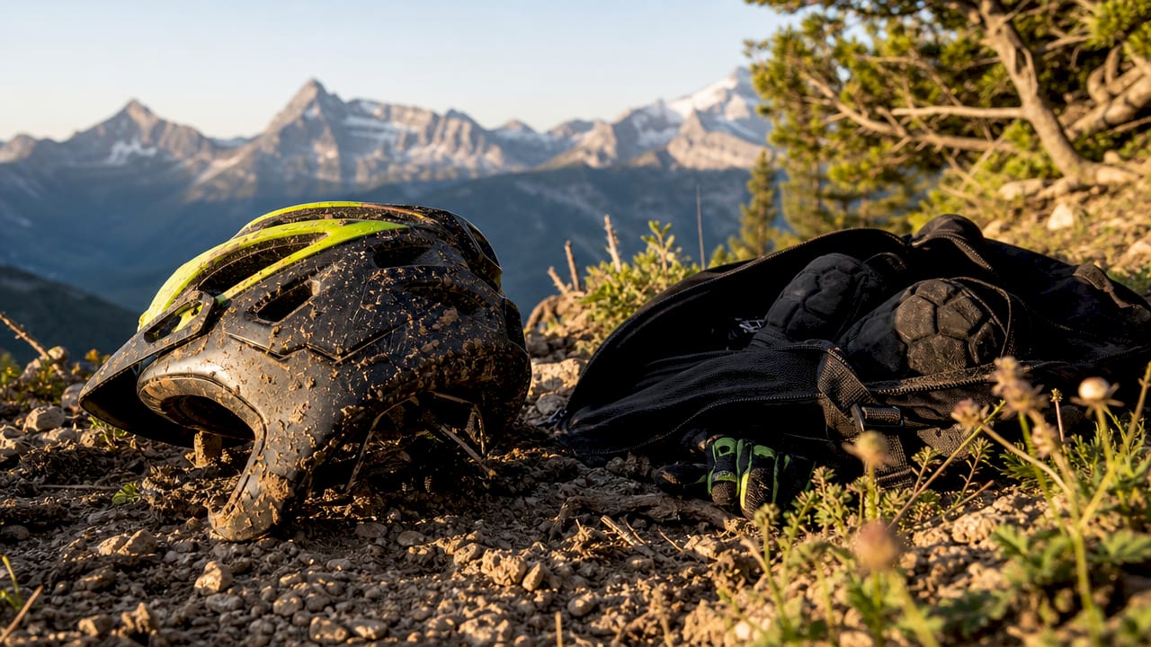 Un casque de VTT soigneusement déposé sur un rocher, en pleine montagne.