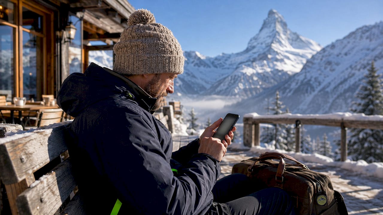 Hands booking Alpine transport on smartphone in train