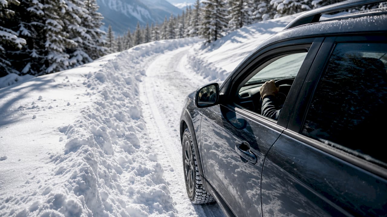 Krosovers brauc pa sniegotu kalnu ceļu, skats uz auto no apakšas
