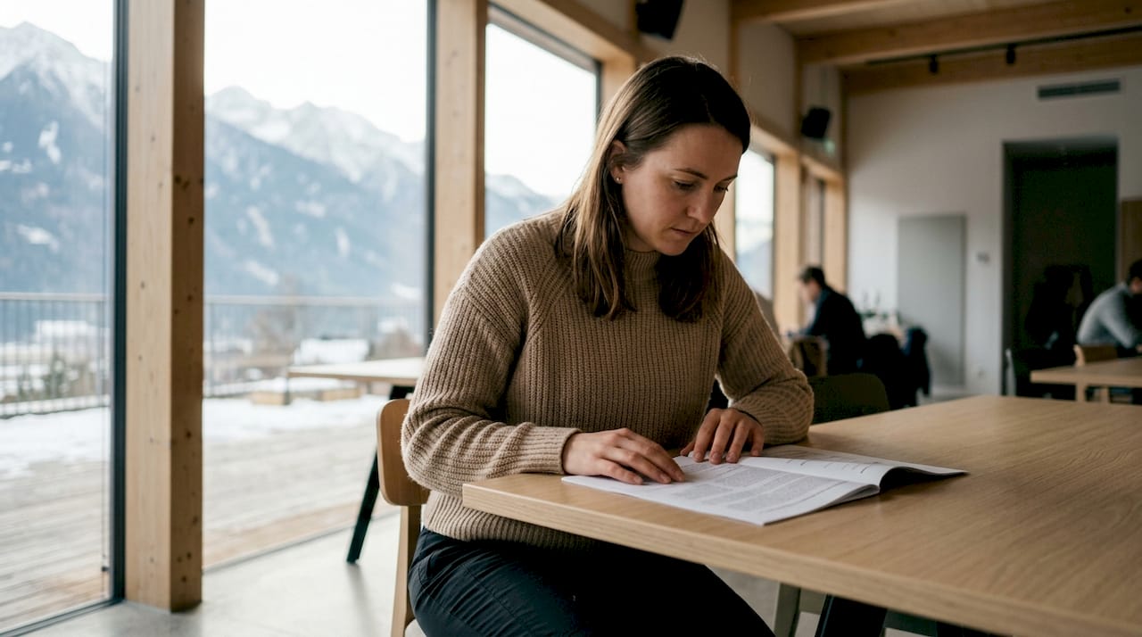 Une jeune femme organise son transfert vers la montagne depuis son ordinateur.