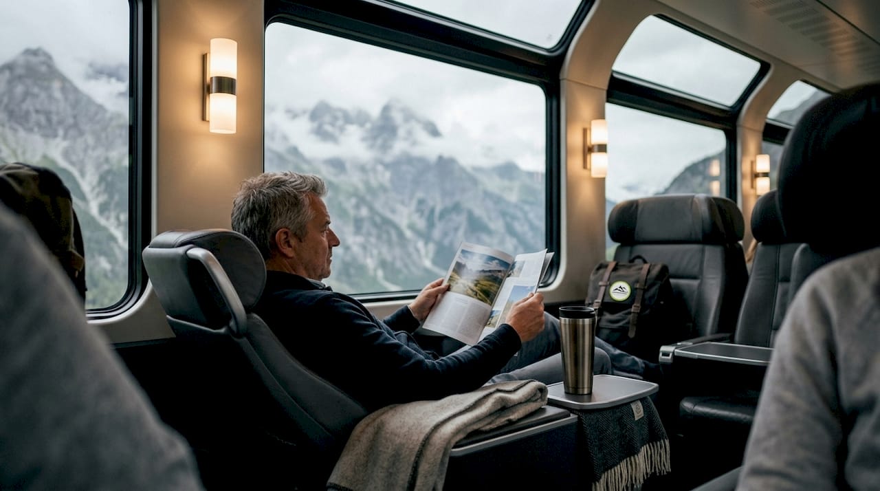 Passenger using tablet in luxury alpine transport cabin