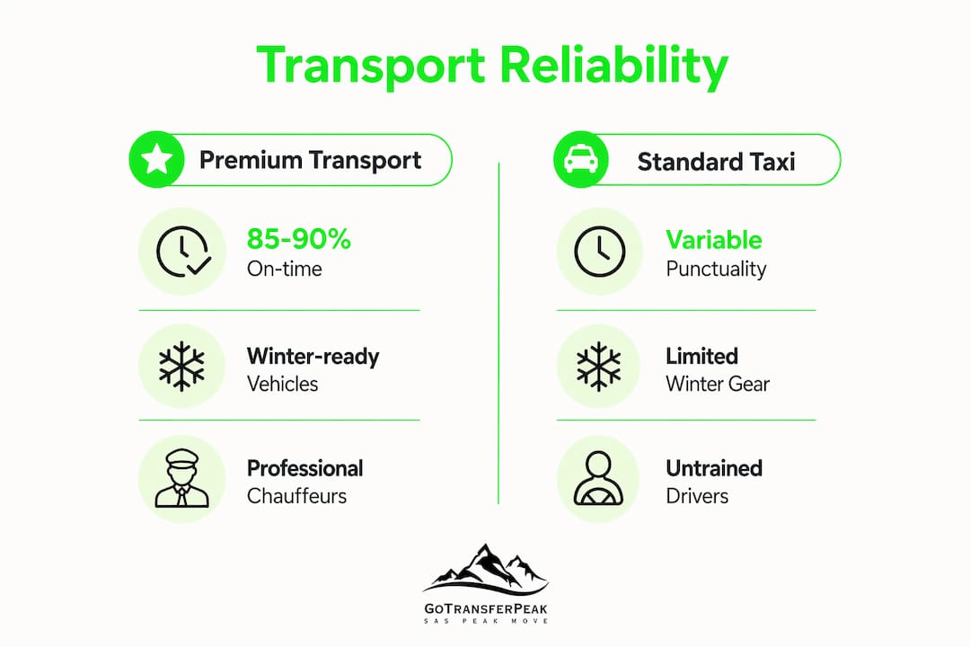Comparison infographic of premium vs standard alpine transport reliability
