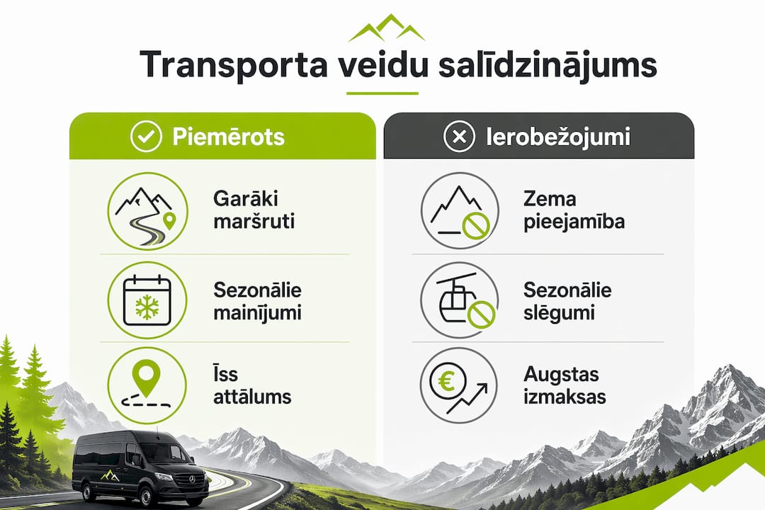 Infografika par dažādu transportlīdzekļu priekšrocībām un trūkumiem kalnos