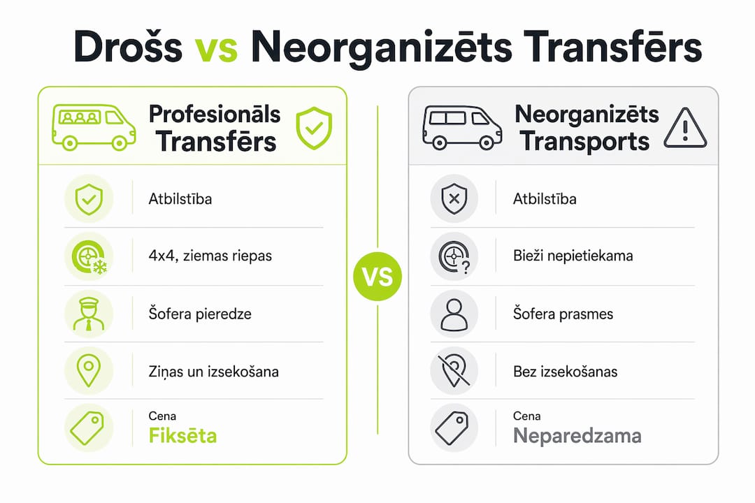Infografikā apskatīti galvenie drošības jautājumi, salīdzinot profesionālos transfērus ar neoficiāliem, pašorganizētiem pārvadājumiem.