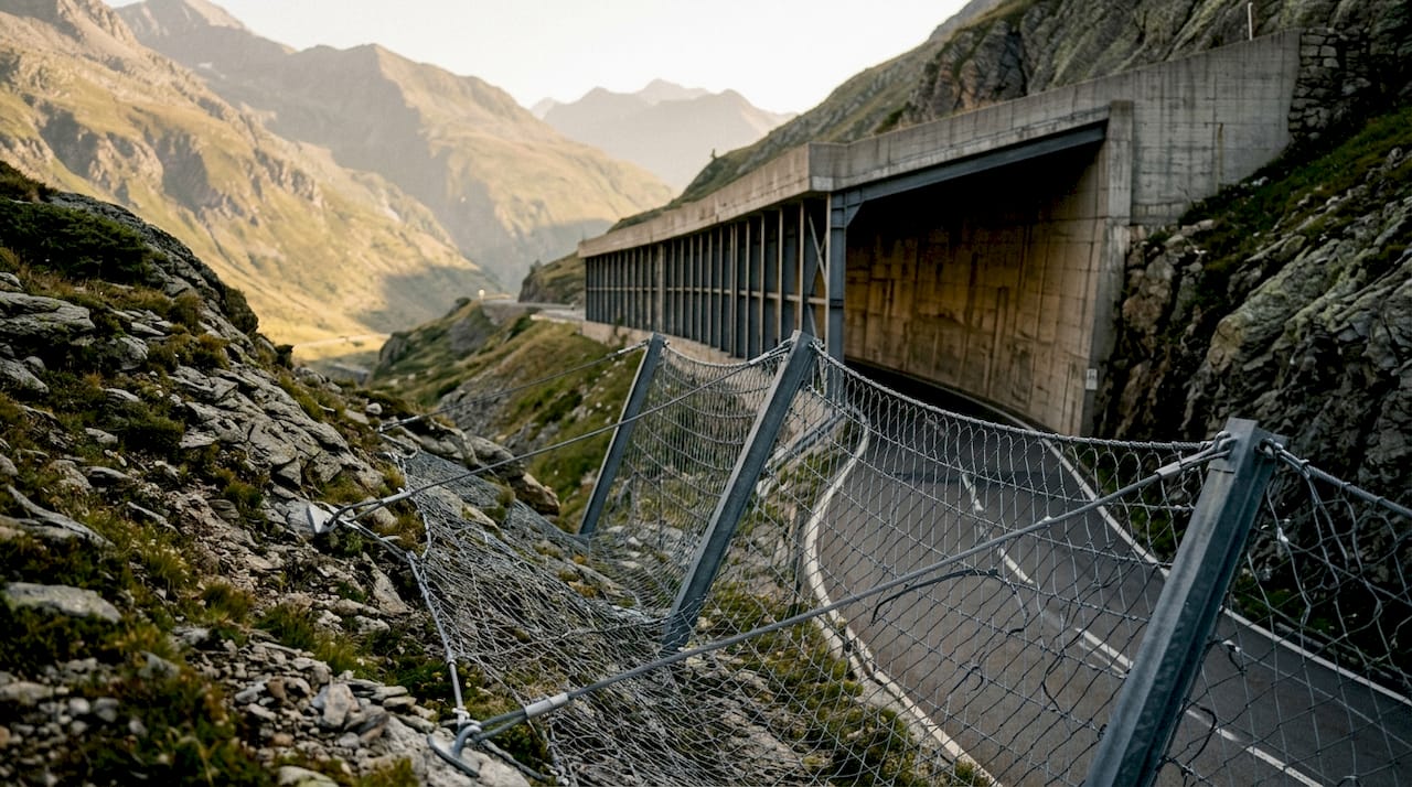 Dispositifs de sécurité routière en montagne : filets de protection et tunnels de galerie