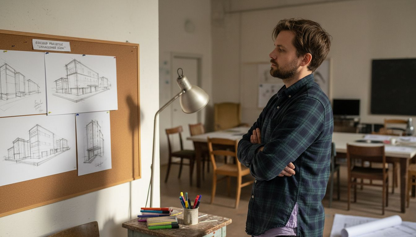 Disainer võrdleb mitut seinale kinnitatud kavandit