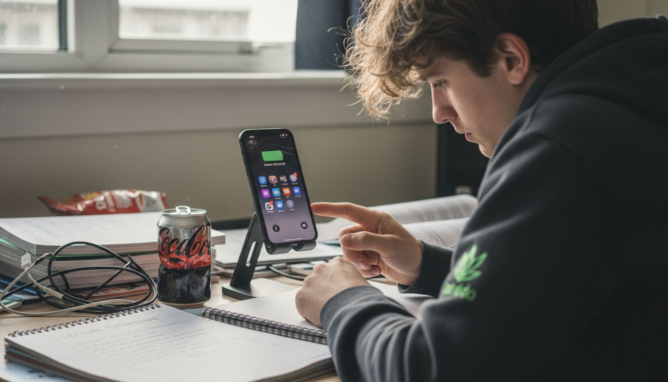 Student checking phone charging on MagSafe stand