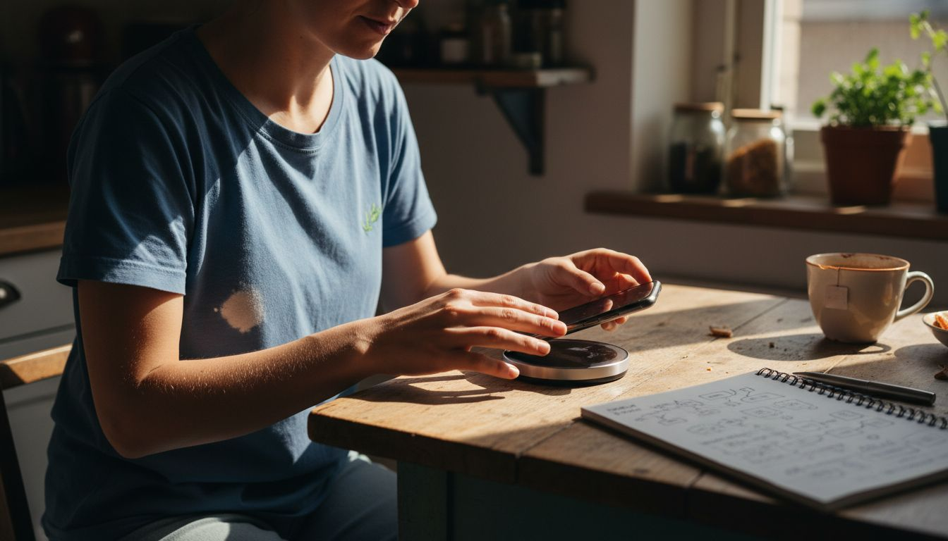 Woman aligning phone on magnetic charger