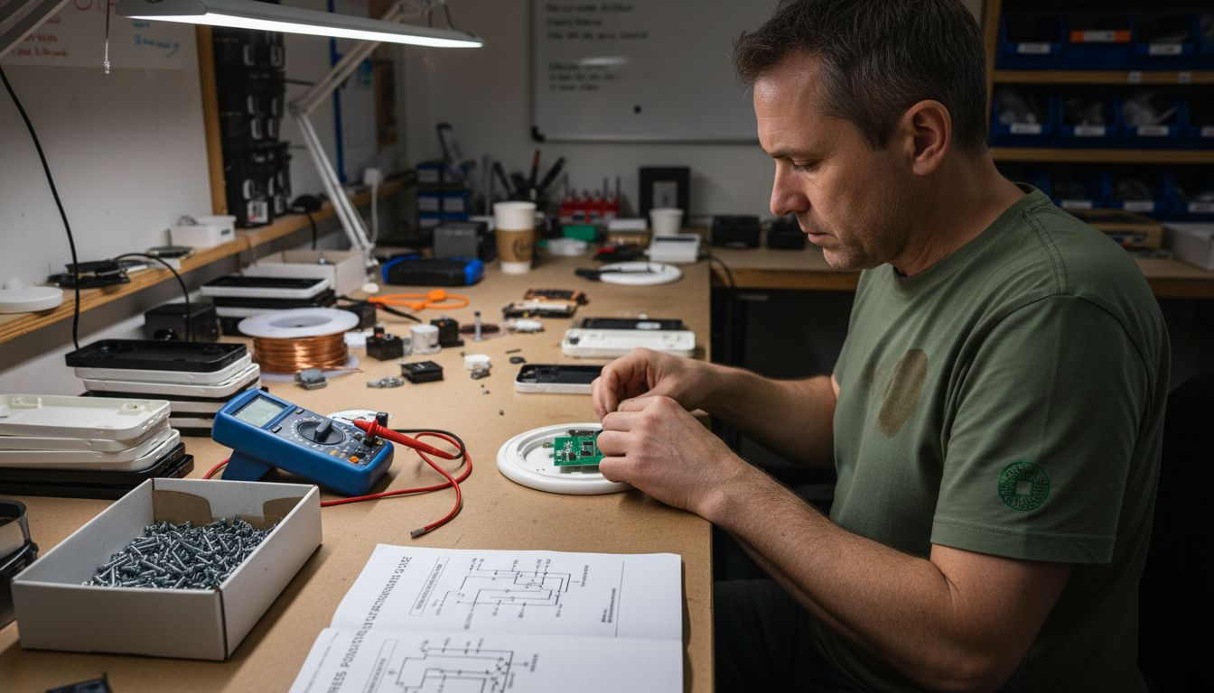 Technician assembling wireless charging electronics