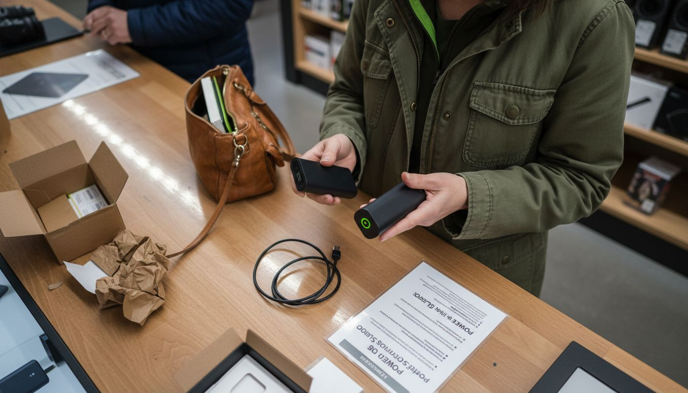 Woman choosing portable charger at retail counter