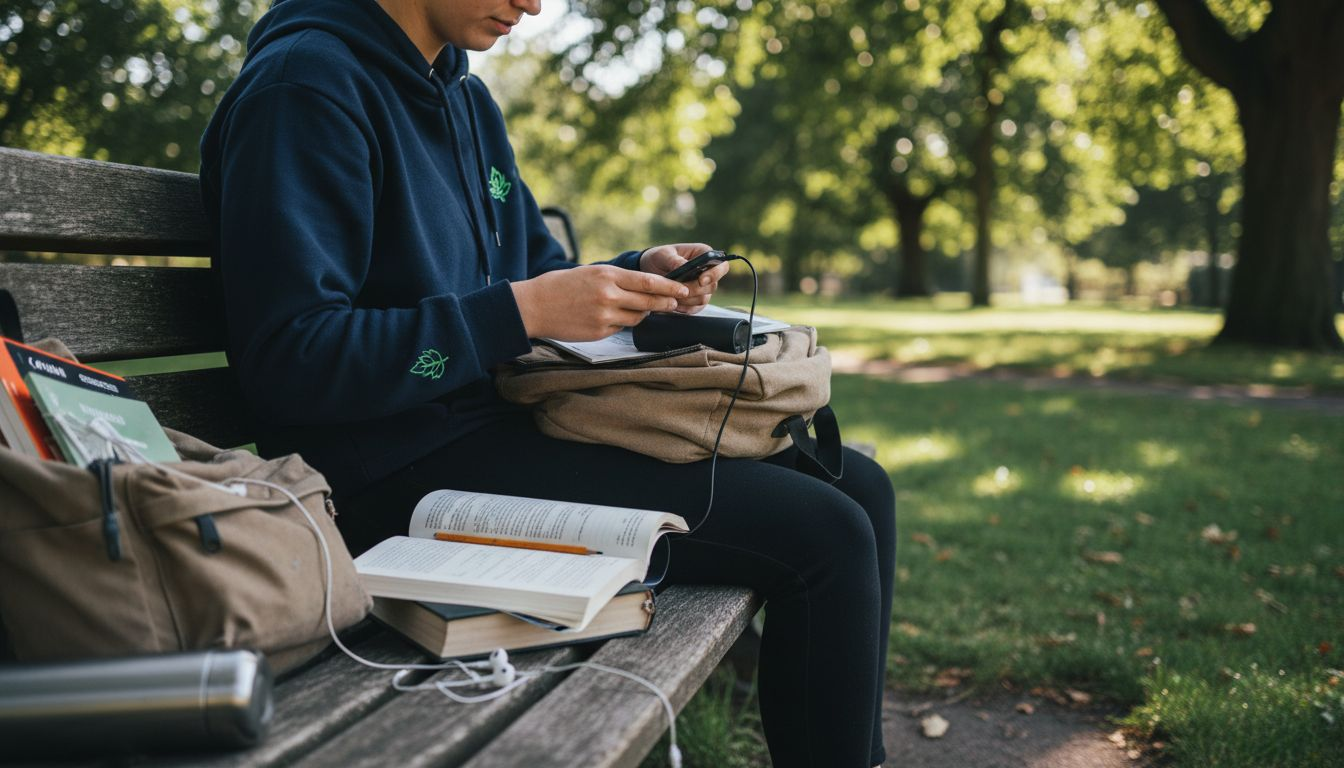 Student uses power bank on park bench