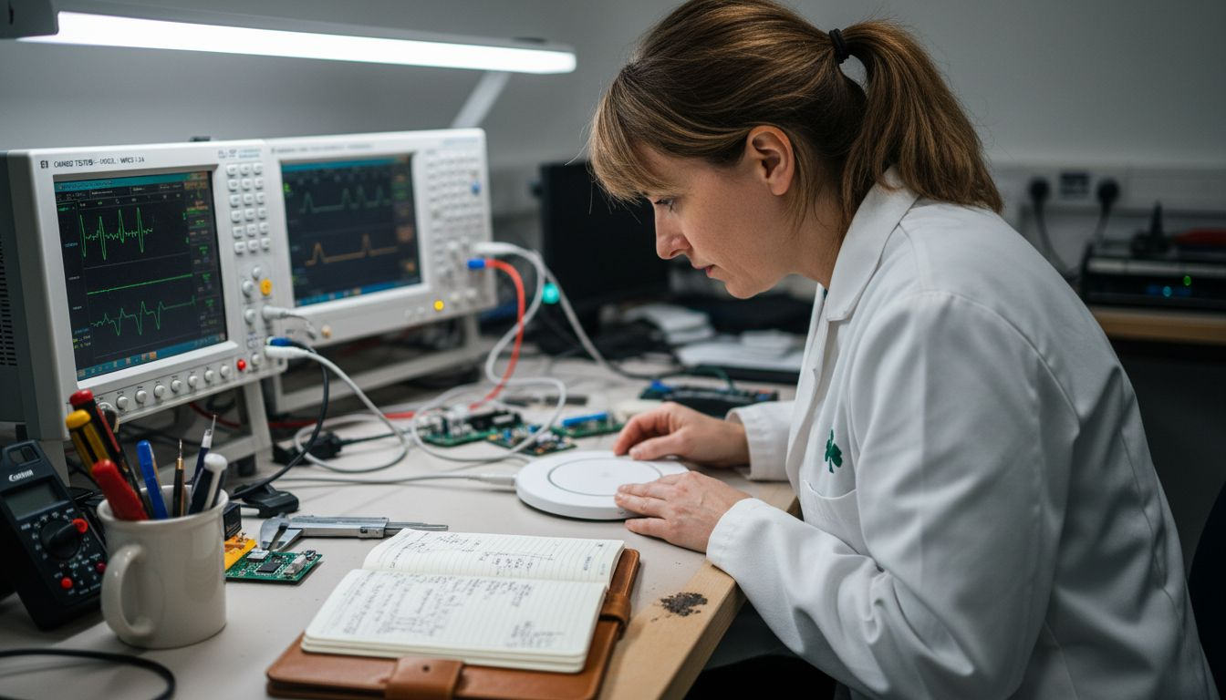 Technician inspects wireless charging pad in lab