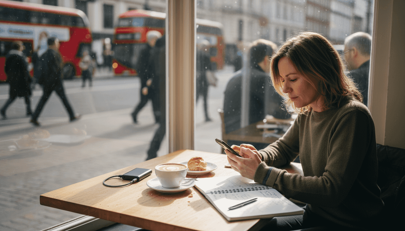Woman charging phone with slim power bank in café